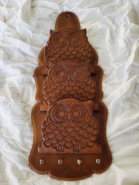 Vintage Mid-Century Modern Wooden Owl Letter Holder Featuring Three Carved Owls